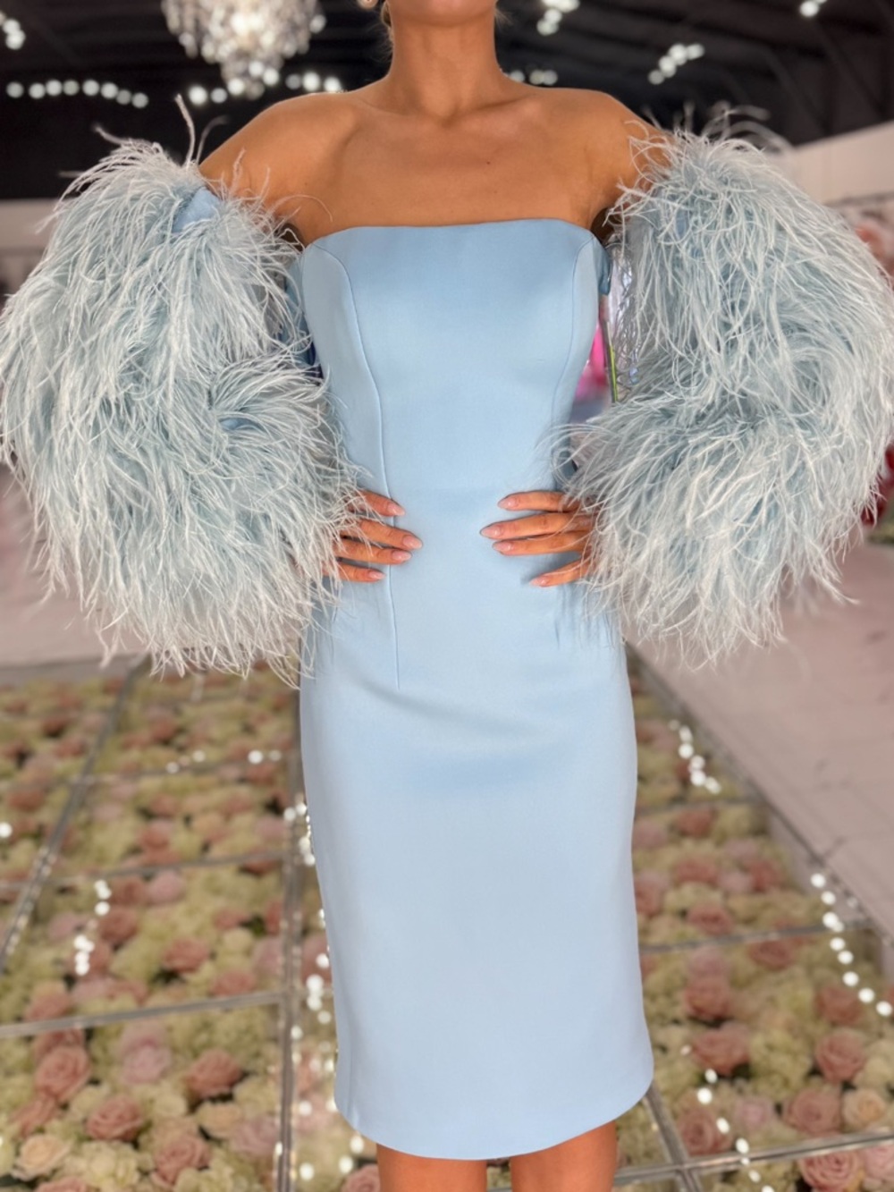 Strapless Light Blue Feather-Sleeve Midi Dress